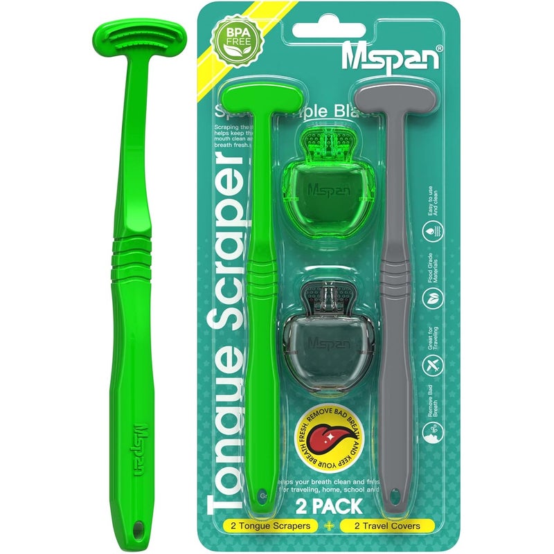Mspan Tongue Scraper for Adults & Kids: Tongue Cleaner Brush Dental Clean Care Kit with Plastic Travel Case Cover - Oral Hygiene Fresh Breath Green Grey 2 Pack - Image 1
